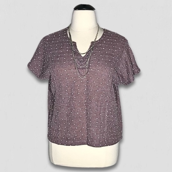 Flower & Feather Knit Top Short Sleeves Split Neckline Lightweight Rose Pink XL - Picture 1 of 10